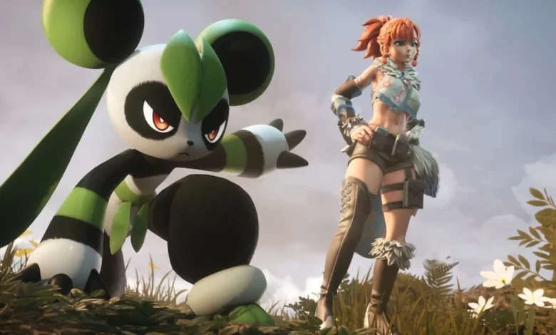 A red-haired woman stands behind a green and white panda-like creature crouched in a grassy field.
