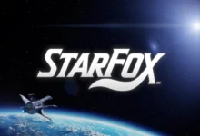 The Star Fox logo displayed in deep space above a planet with an Arwing spaceship flying in the foreground.