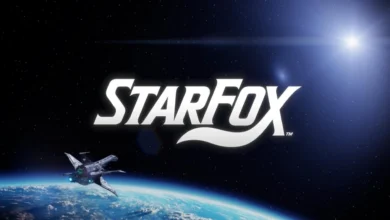The Star Fox logo displayed in deep space above a planet with an Arwing spaceship flying in the foreground.