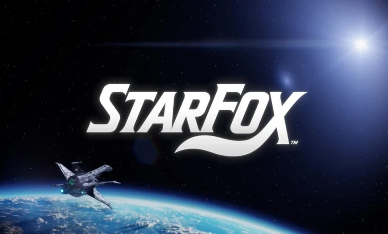 The Star Fox logo displayed in deep space above a planet with an Arwing spaceship flying in the foreground.