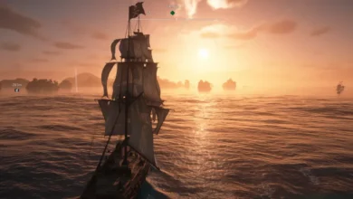 A pirate ship with tattered sails navigates a golden ocean toward a bright sunset in a cinematic video game scene.