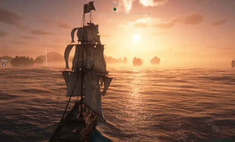 A pirate ship with tattered sails navigates a golden ocean toward a bright sunset in a cinematic video game scene.