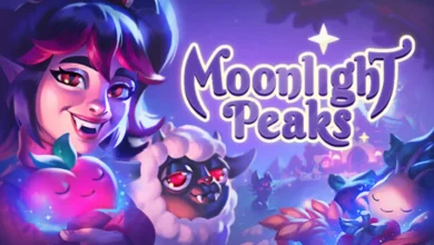 Promotional banner for the game Moonlight Peaks, featuring a smiling vampire girl and magical nocturnal creatures in a vibrant, whimsical nighttime setting.