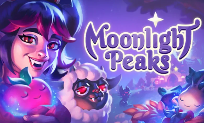 Promotional banner for the game Moonlight Peaks, featuring a smiling vampire girl and magical nocturnal creatures in a vibrant, whimsical nighttime setting.