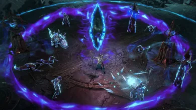 A central character stands in a dark ritual arena surrounded by spectral enemies, a glowing blue portal, and a ring of swirling purple energy.
