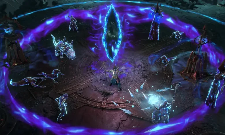 A central character stands in a dark ritual arena surrounded by spectral enemies, a glowing blue portal, and a ring of swirling purple energy.