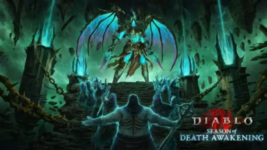 A towering demonic figure with glowing teal wings stands before a group of hooded worshippers in this promotional image for Diablo IV: Season of Death Awakening.