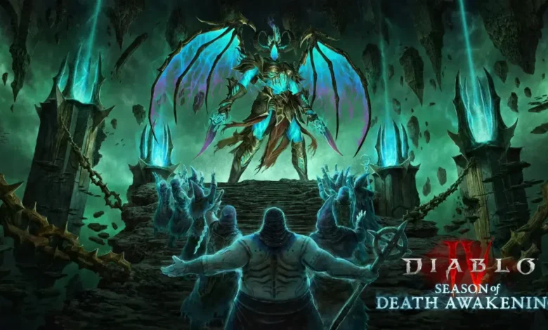 A towering demonic figure with glowing teal wings stands before a group of hooded worshippers in this promotional image for Diablo IV: Season of Death Awakening.