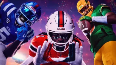 Three college football players from Miami, Ole Miss, and Oregon posing in their team uniforms against a celebratory fireworks background.