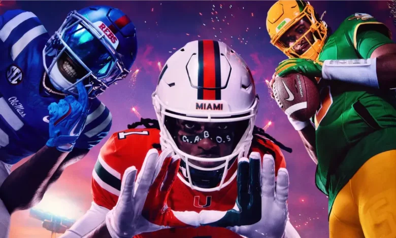 Three college football players from Miami, Ole Miss, and Oregon posing in their team uniforms against a celebratory fireworks background.
