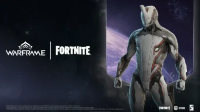 Promotional graphic featuring the Warframe character Excalibur alongside the Warframe and Fortnite logos, indicating a collaboration.