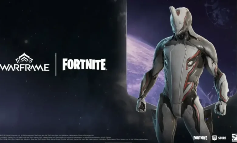 Promotional graphic featuring the Warframe character Excalibur alongside the Warframe and Fortnite logos, indicating a collaboration.