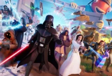 An action-packed scene featuring iconic Star Wars characters like Darth Vader and Princess Leia in a vibrant battle within the Fortnite universe.