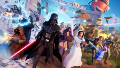 An action-packed scene featuring iconic Star Wars characters like Darth Vader and Princess Leia in a vibrant battle within the Fortnite universe.