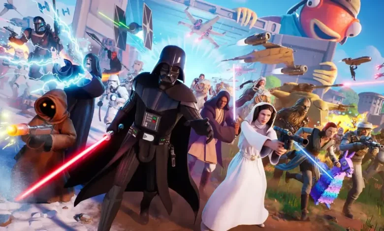 An action-packed scene featuring iconic Star Wars characters like Darth Vader and Princess Leia in a vibrant battle within the Fortnite universe.