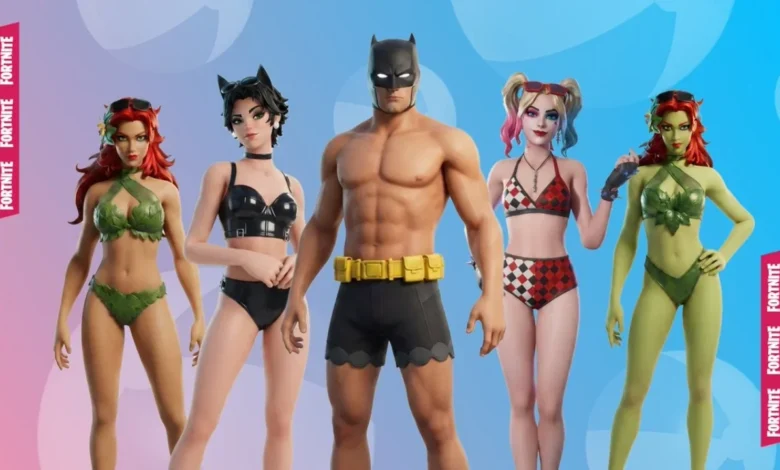 Fortnite characters Batman, Catwoman, Harley Quinn, and Poison Ivy posed in summer beachwear against a blue and pink background.