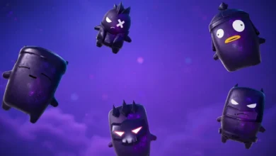 Five purple, bean-shaped characters with various expressions and stylized features floating in a hazy purple cosmic background.