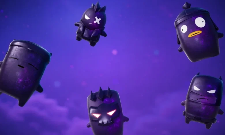 Five purple, bean-shaped characters with various expressions and stylized features floating in a hazy purple cosmic background.