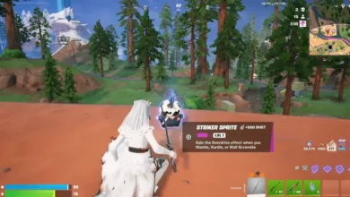 A Fortnite character in a white wedding dress looks at a floating "Striker Sprite" item in a pine forest landscape.