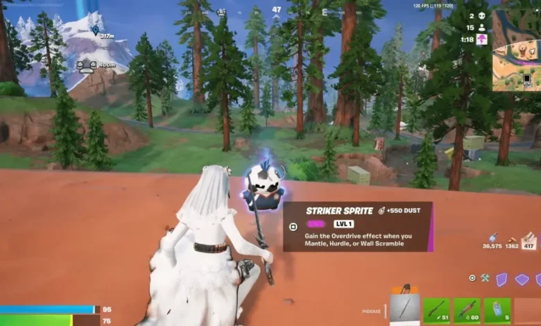 A Fortnite character in a white wedding dress looks at a floating "Striker Sprite" item in a pine forest landscape.