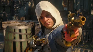 A man in a white assassin's hood aims a golden flintlock pistol directly at the viewer in a sunlit, rustic outdoor setting.