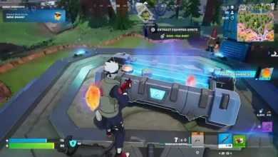 A video game character wearing a Kakashi Hatake skin stands before a glowing, futuristic extraction crate in a lush woodland environment.