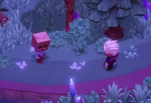 Two stylized characters, one wearing a pink paper bag on their head, stand in a magical, purple-toned forest with glowing plants.