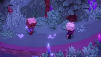 Two stylized characters, one wearing a pink paper bag on their head, stand in a magical, purple-toned forest with glowing plants.