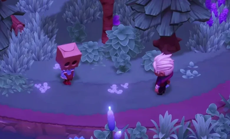 Two stylized characters, one wearing a pink paper bag on their head, stand in a magical, purple-toned forest with glowing plants.