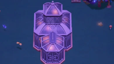 Top-down view of an ornate, purple gothic conservatory with glowing glass panels set in a dark, mystical field.