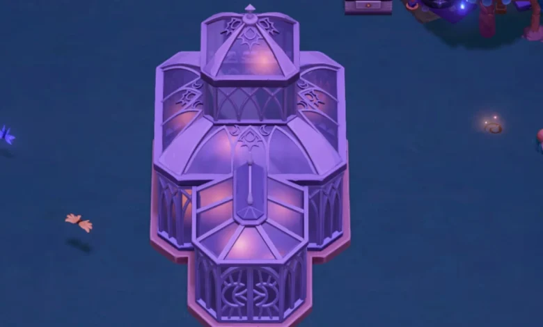 Top-down view of an ornate, purple gothic conservatory with glowing glass panels set in a dark, mystical field.