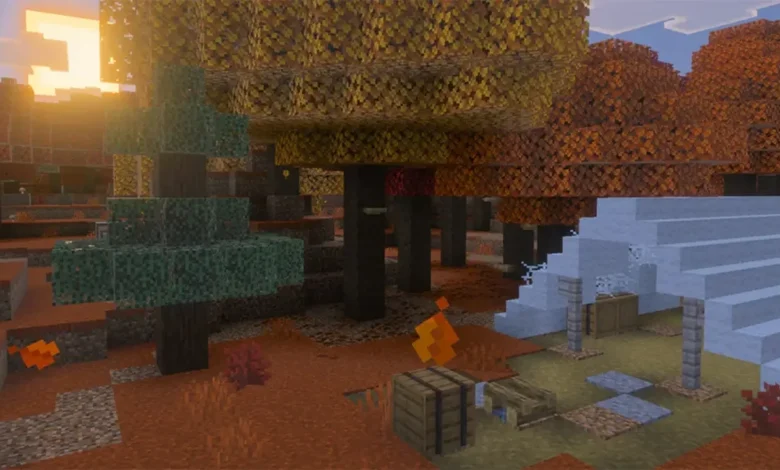 A sunset glows over a blocky Minecraft campsite nestled within an autumn forest of orange and yellow trees.