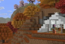 A Minecraft character stands before a white tent structure in a hilly landscape filled with vibrant autumn and cherry blossom trees.