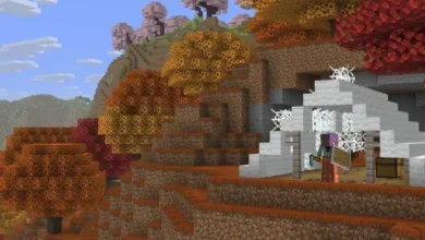 A Minecraft character stands before a white tent structure in a hilly landscape filled with vibrant autumn and cherry blossom trees.