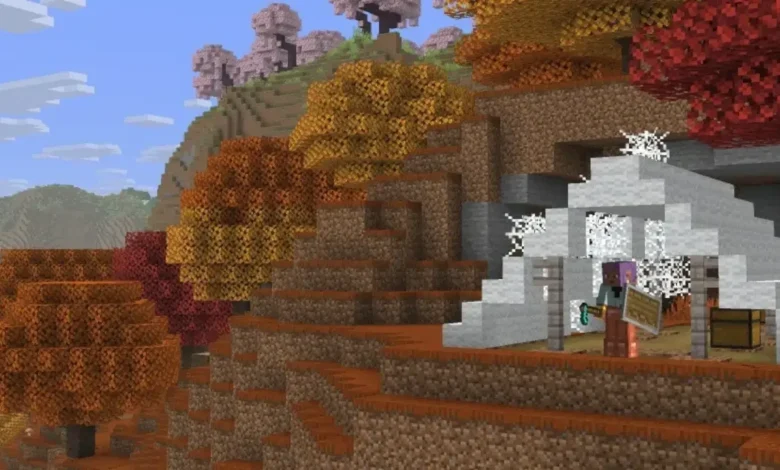A Minecraft character stands before a white tent structure in a hilly landscape filled with vibrant autumn and cherry blossom trees.