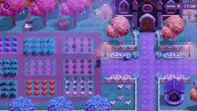 A character stands in a vibrant fantasy farm with colorful crop plots, pink trees, and a decorative path leading to a gothic-style house.