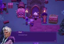 In a purple-hued, magical video game scene, a character named Noel discusses "Enchanted Tools" outside a stone building with monster-themed furniture.