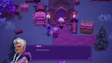 In a purple-hued, magical video game scene, a character named Noel discusses "Enchanted Tools" outside a stone building with monster-themed furniture.