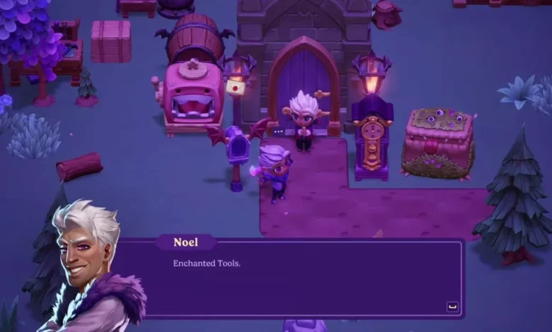 In a purple-hued, magical video game scene, a character named Noel discusses "Enchanted Tools" outside a stone building with monster-themed furniture.