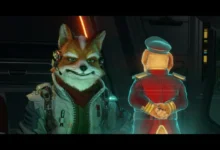 Fox McCloud smirks confidently in a cockpit next to a holographic projection of General Pepper.