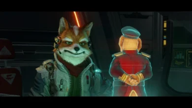 Fox McCloud smirks confidently in a cockpit next to a holographic projection of General Pepper.