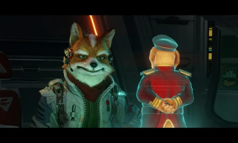 Fox McCloud smirks confidently in a cockpit next to a holographic projection of General Pepper.