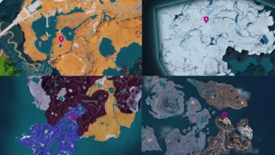 A collage of four video game map segments showing specific locations marked with pink pins across diverse environments like desert ruins, snow, and islands.