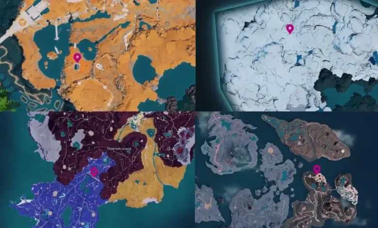 A collage of four video game map segments showing specific locations marked with pink pins across diverse environments like desert ruins, snow, and islands.