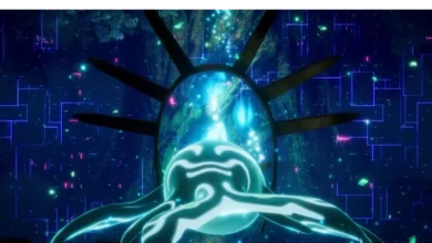 A glowing teal creature faces a circular portal within a mystical forest illuminated by shimmering digital patterns and floating particles.