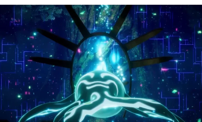 A glowing teal creature faces a circular portal within a mystical forest illuminated by shimmering digital patterns and floating particles.