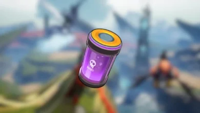 A cylindrical canister of glowing purple liquid with a skull icon, set against a blurred fantasy landscape.