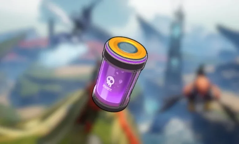 A cylindrical canister of glowing purple liquid with a skull icon, set against a blurred fantasy landscape.