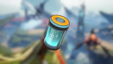 A glowing blue canister with a snowflake icon and an orange cap, floating against a blurred, stylized landscape.