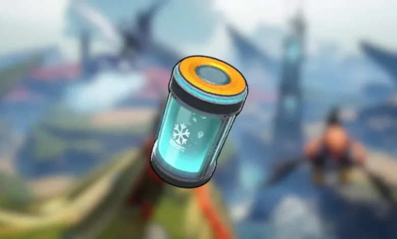 A glowing blue canister with a snowflake icon and an orange cap, floating against a blurred, stylized landscape.